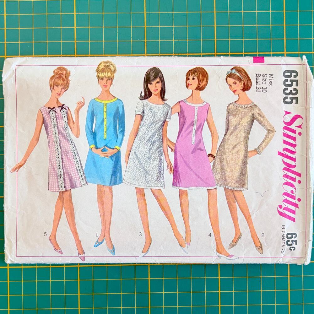 Vintage Simplicity Pattern 6535 Misses One Piece Dress Size 10 Bust 31 CC 1966
